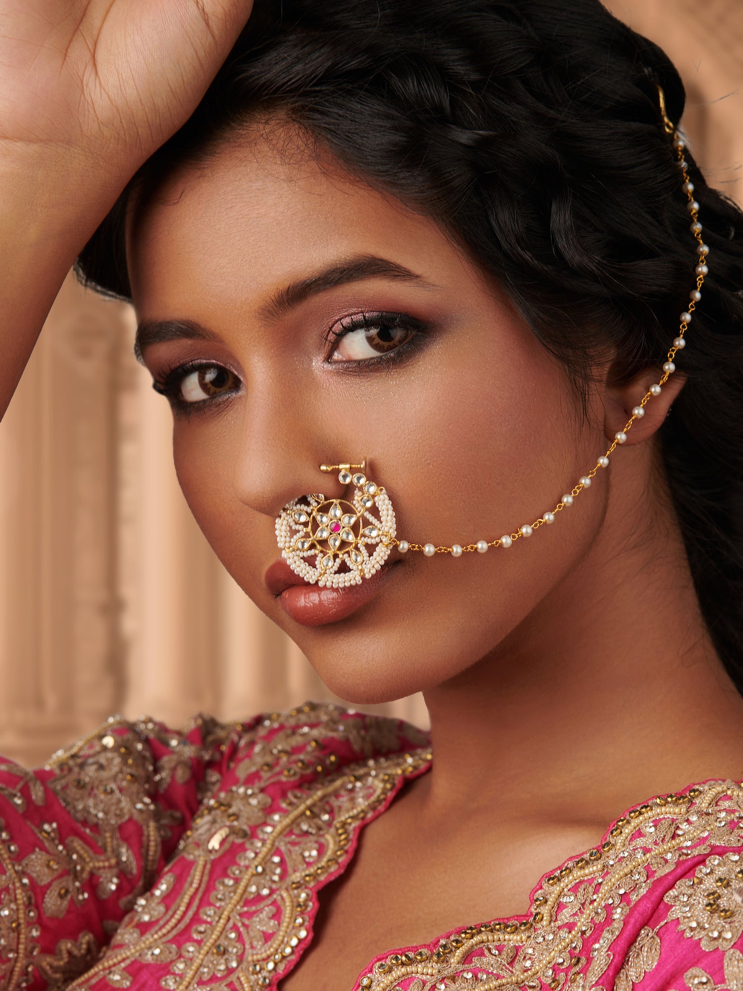Gold Plated Traditional Ethnic Bridal Nose Ring Nath without piercing with  Pearl Chain Encased with Pearl (NL35Q) - I Jewels - 3676109